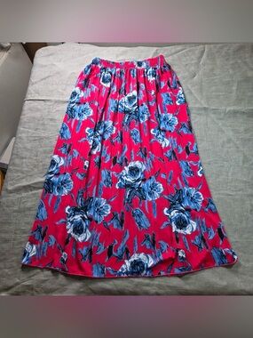 Anna Morgan Womens Maxi Skirt Medium Pink Blue Floral Pleated Elastic Waist M